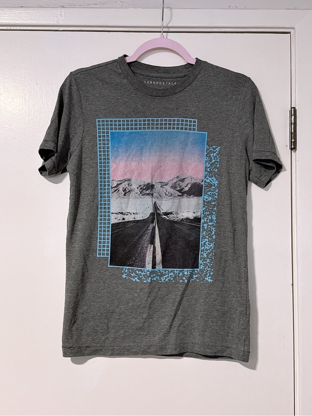Aeropostale Gray Tee with Pink and Blue Scenic Graphic